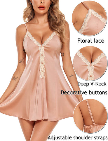 Avidlove Satin-Nachthemd mit V-Ausschnitt, Seidennachthemd, Spitzenhemd, Satin-Unterkleid, Seiden-Negligé 