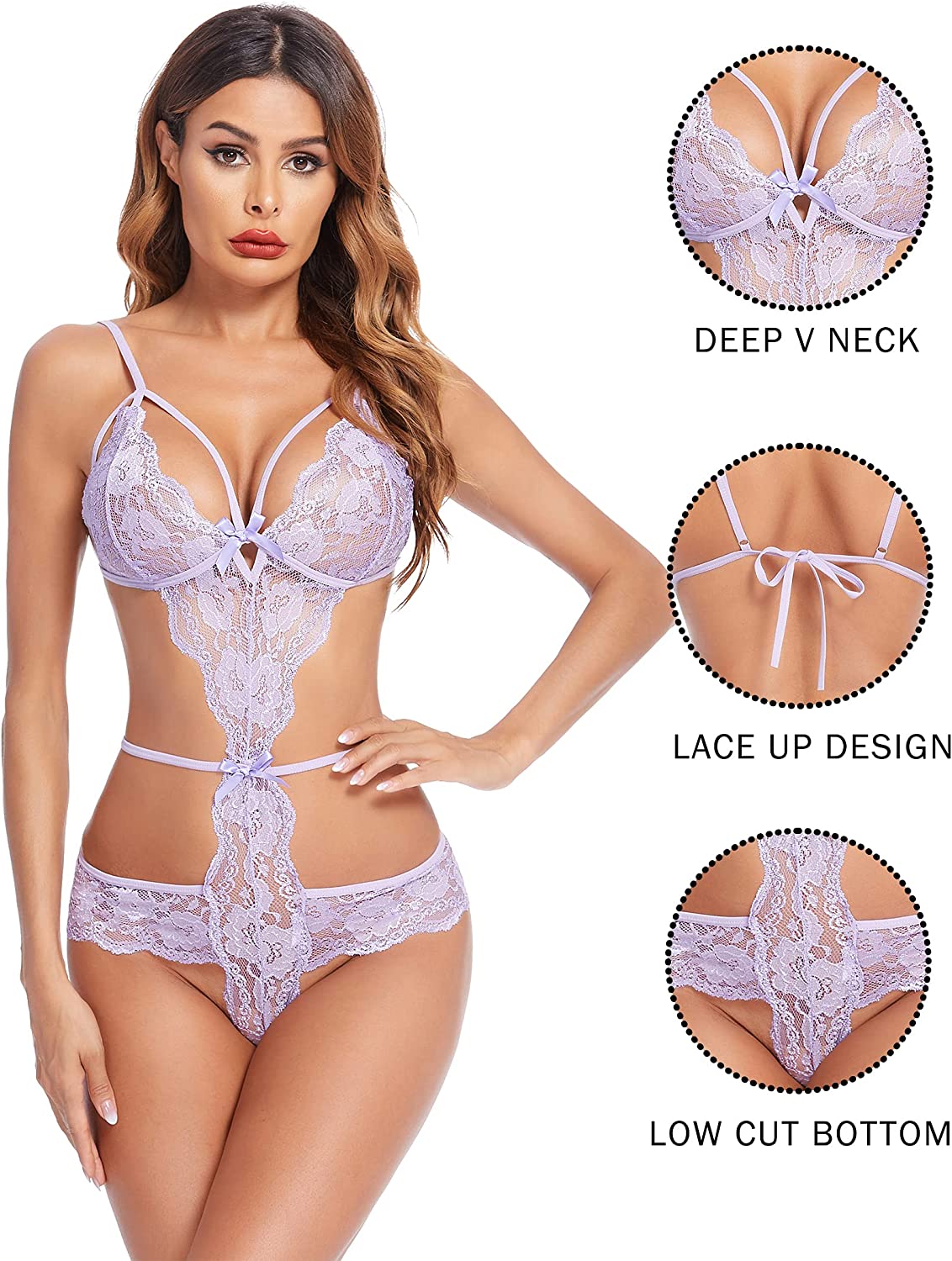 Avidlove Dessous für Spitzen-Bodysuit mit Riemchen-Teddy, einteilig, Babydoll, Mini-Bodysuit 