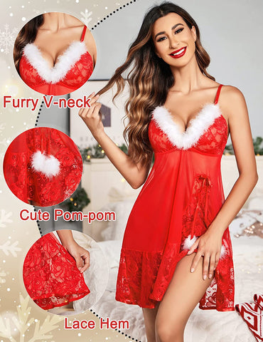 Avidlove Weihnachts-Dessous, Weihnachtsmann-Dessous für Spitzen-Babydolls, Chemises-Set 