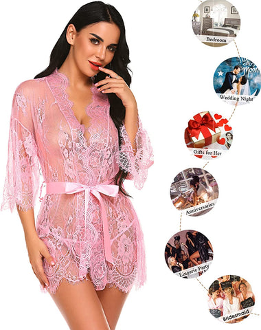 Avidlove Lace Kimono Robe Babydoll Lingerie Mesh Nightgown S-5XL