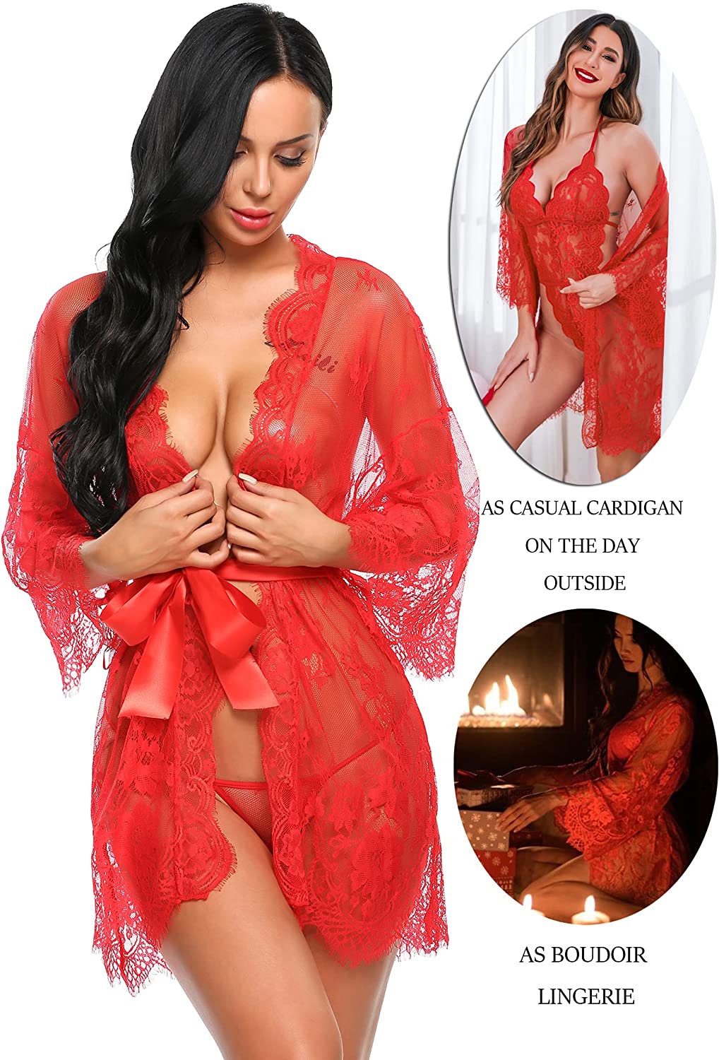 Avidlove Spitzen-Kimono-Bademantel, Babydoll, Dessous, Netz-Nachthemd, S-5XL 