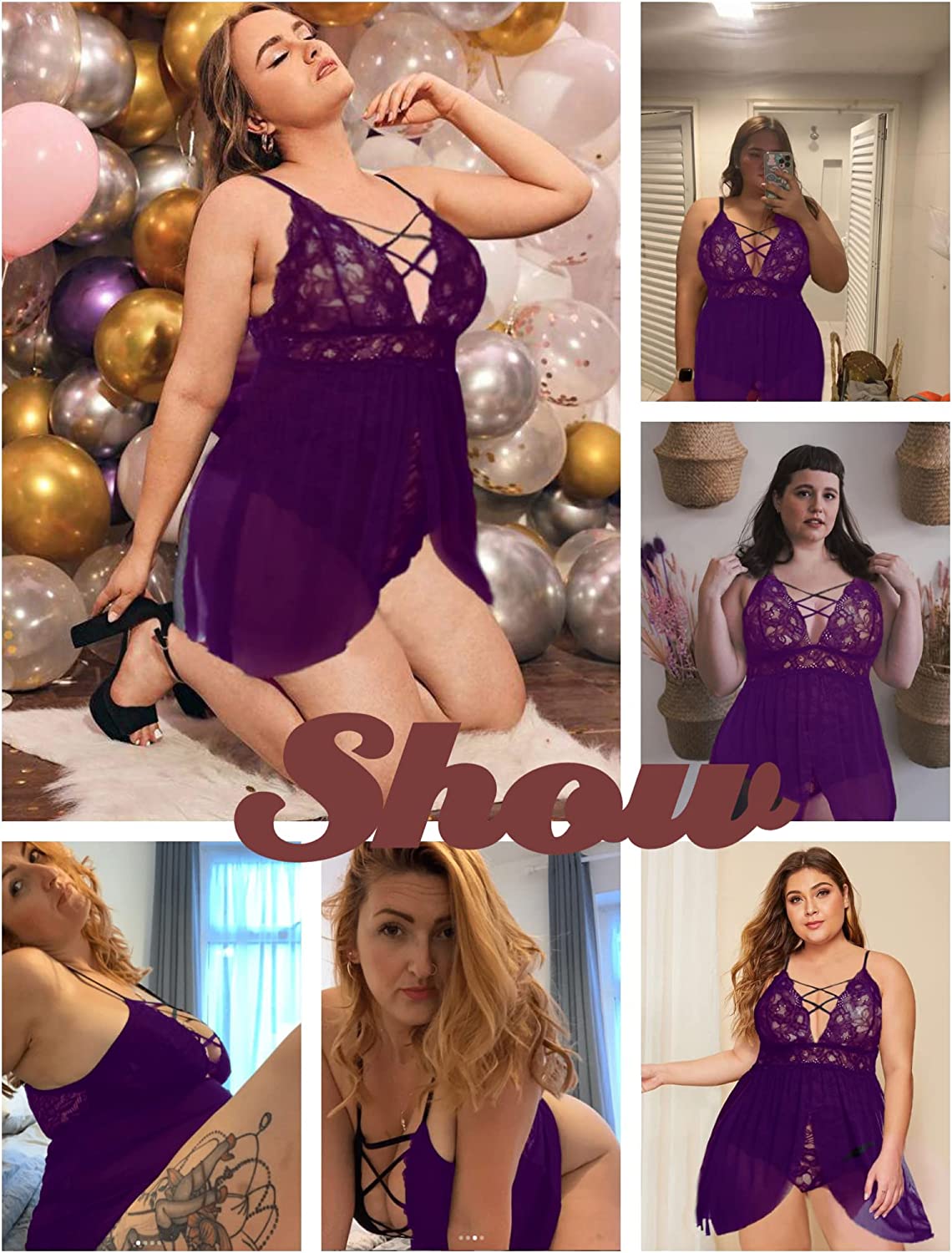 Avidlove - Babydoll de talla grande con entrepierna a presión, lencería con escote en V y encaje, ropa de dormir de talla grande (L-4XL)