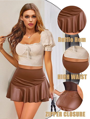 Avidlove Leather Mini Skirt Pleated Skirt High Waist Ruffled Short Skirts Mini Lingerie Skirt with Zipper