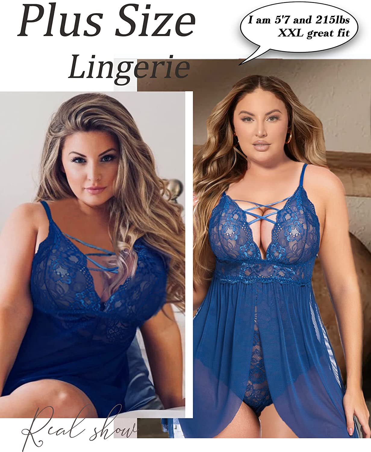 Avidlove Plus Size Babydoll Snap Crotch Lingerie V Neck Lace Nighty Sleepwear L-4XL