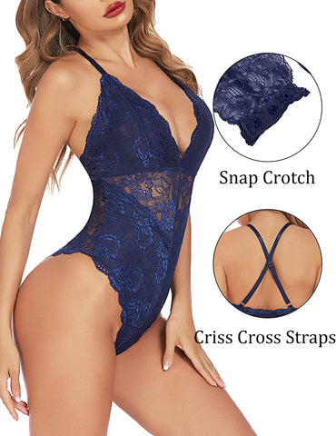 Avidlove Snap Crotch Lingerie Lace Bodysuit Deep V Teddy One Piece Lace Babydoll