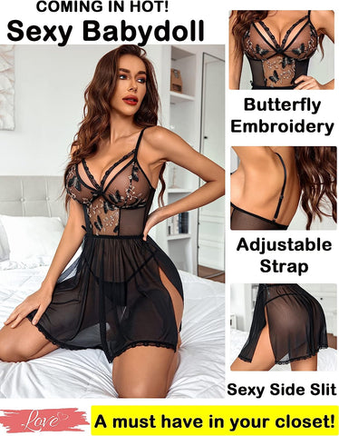 Avidlove Dessous Spitzenhemdchen Blumenstickerei Mesh Babydoll Seitenschlitz Nachtwäsche 