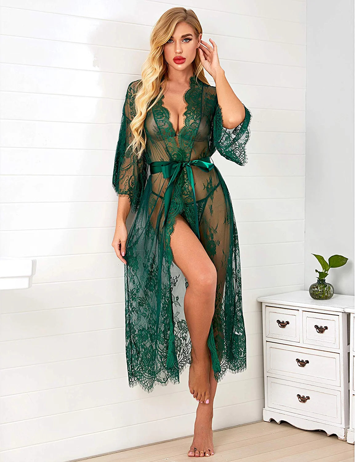 Avidlove Long Lace Lingerie Kimono Robe Sheer Babydoll Nightgown Nightdress