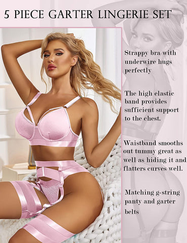 Avidlove Dessous-Set für mit Bügel Riemchen-Dessous Push Up 5-teiliges Dessous-Set mit Strumpfhalter 