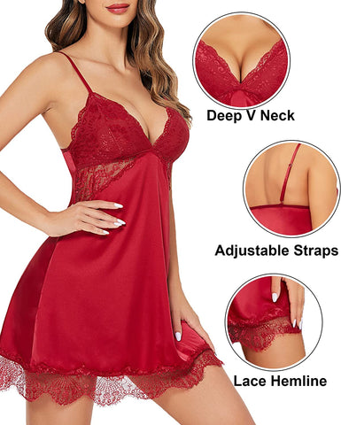 Avidlove Seidennachthemd Spitze Nachtwäsche Satin Ärmelloses Chemise Kleid