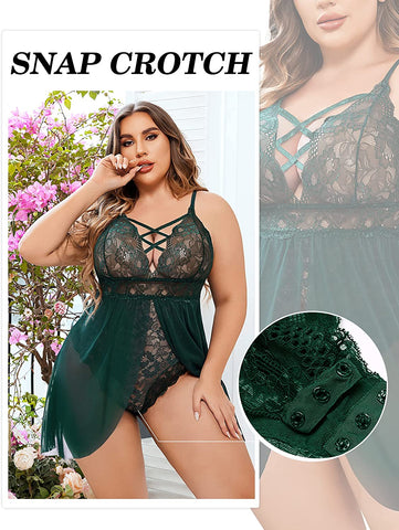 Avidlove Plus Size Babydoll Snap Crotch Lingerie V Neck Lace Nighty Sleepwear L-4XL