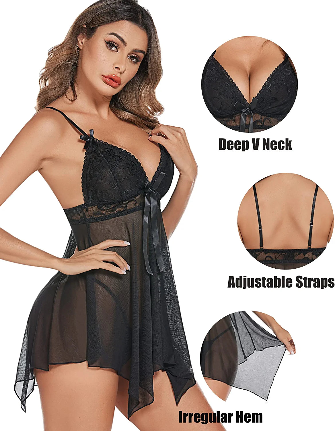 Avidlove Lingerie Lace Babydoll Nightdress Mesh Chemise V Neck Sleepwear