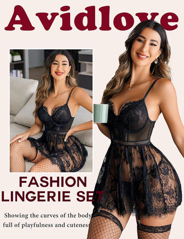 Lencería Avidlove para ropa de dormir tipo babydoll de encaje con liguero, vestido lencero tallas S a XXL