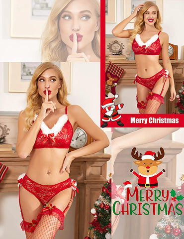 Avidlove Weihnachtsdessous, zweiteilig, Weihnachtsmann-BH und Höschen mit Strumpfhalter-Set, rotes Spitzen-Babydoll 