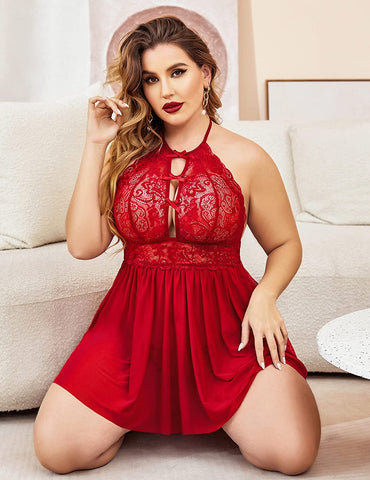 Lencería de talla grande Avidlove para babydoll de encaje, camisón con tirantes, cuello halter, ropa de dormir de malla, vendaje 