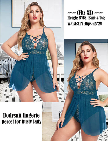 Avidlove - Babydoll de talla grande con entrepierna a presión, lencería con escote en V y encaje, ropa de dormir de talla grande (L-4XL)