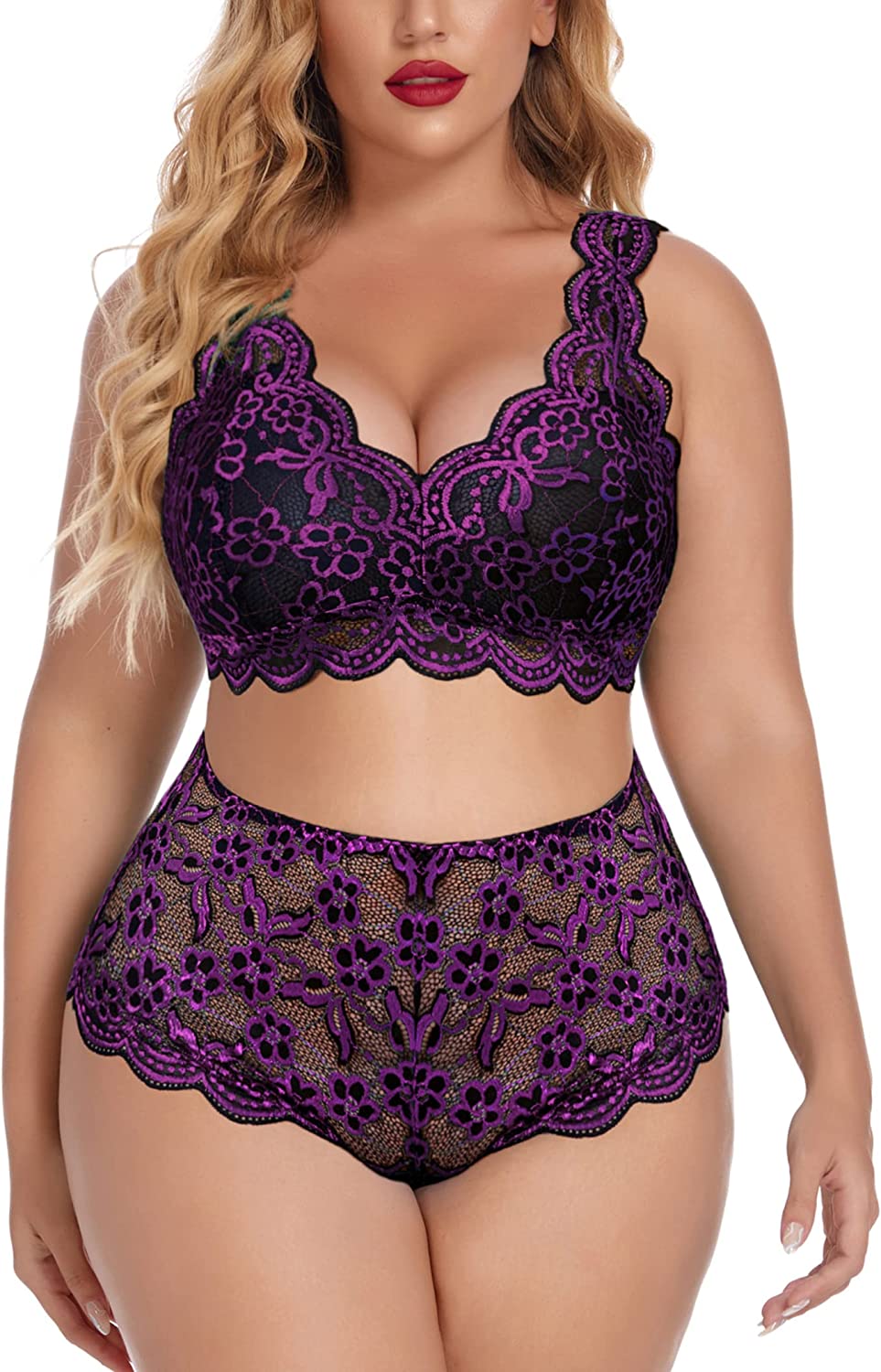 Conjunto de lencería de talla grande Avidlove con encaje, bralette con cuello halter y bragas de cintura alta 