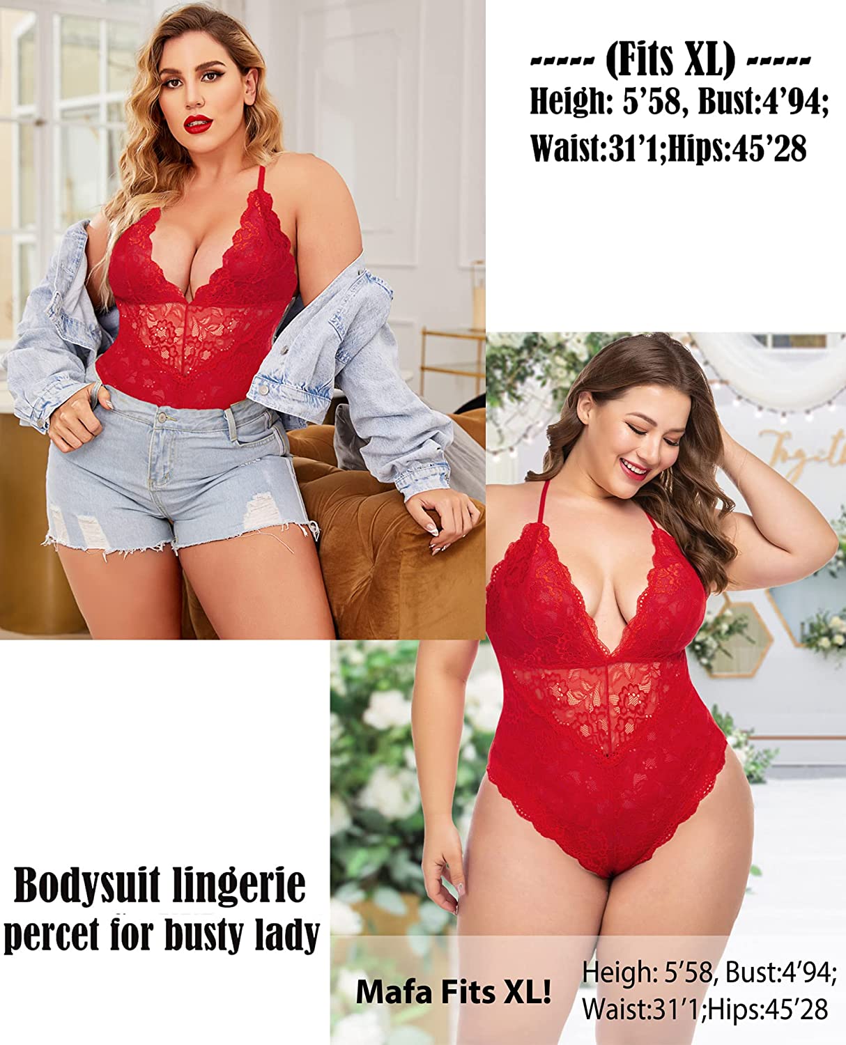 Avidlove Dessous mit Druckknopfverschluss im Schritt, Spitzen-Bodysuit, tiefer V-Ausschnitt, Teddy, einteilig, Spitzen-Babydoll 