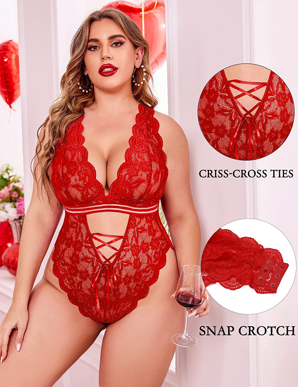 Avidlove Dessous in Übergröße, Teddy-Bodysuit mit Druckknopfverschluss im Schritt, einteilig, Babydoll aus Spitze, 14–24 Plus 