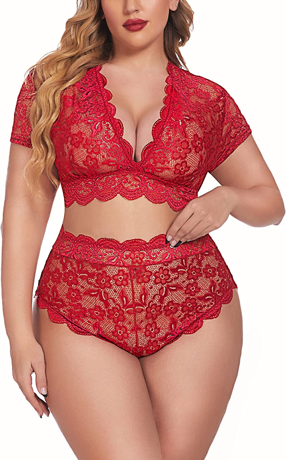 Avidlove Dessous in Übergröße, Plus-Size-Dessous-Set mit floraler Spitze und Muschelsaum, tiefer V-Ausschnitt, durchgehender Spitzen-BH und Höschen-Set, Clubwear 