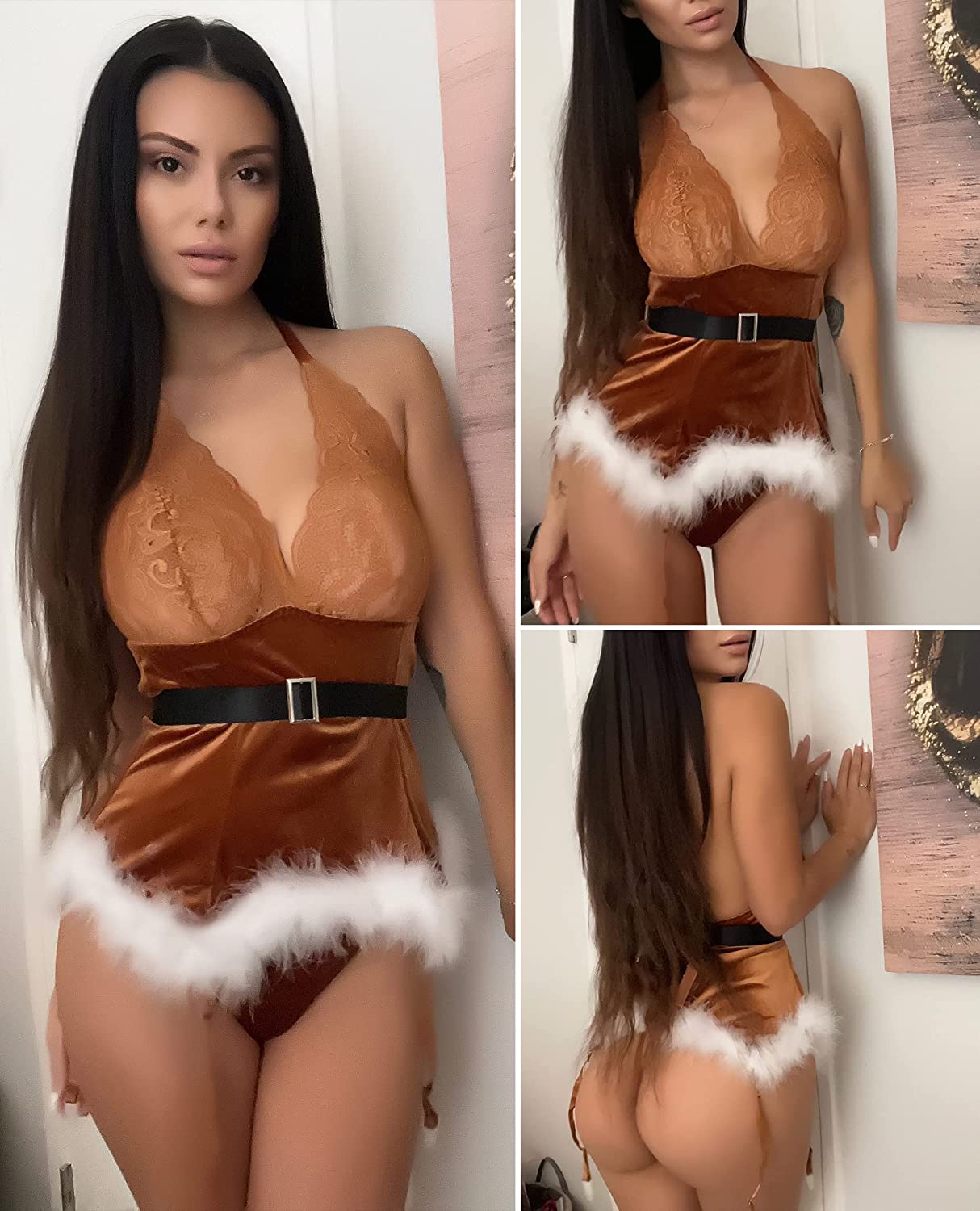 Conjuntos de lencería navideña Avidlove Conjunto de corpiño con liga Body babydoll de Papá Noel Camisola de encaje (sin medias) S-XXL 