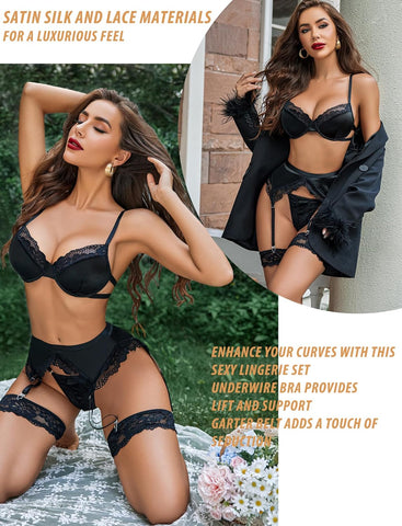 Conjunto de lencería de 5 piezas con liguero de Avidlove Lingerie para sujetador con aros y bragas