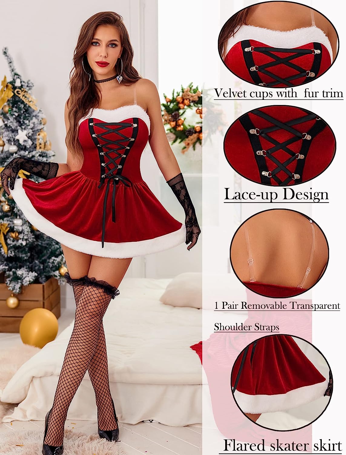 Avidlove Christmas Santa Dress Velvet Babydoll Santa Chemise Lace Up Front