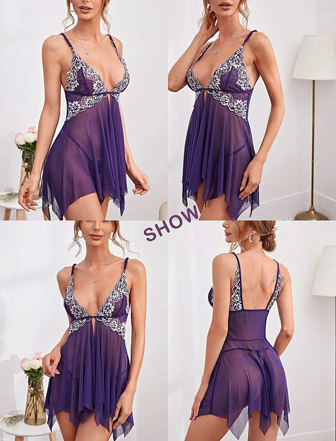 Avidlove Spitzen-Dessous, Frontverschluss, Babydoll, V-Ausschnitt, Nachtwäsche, Chemise, Nachthemd