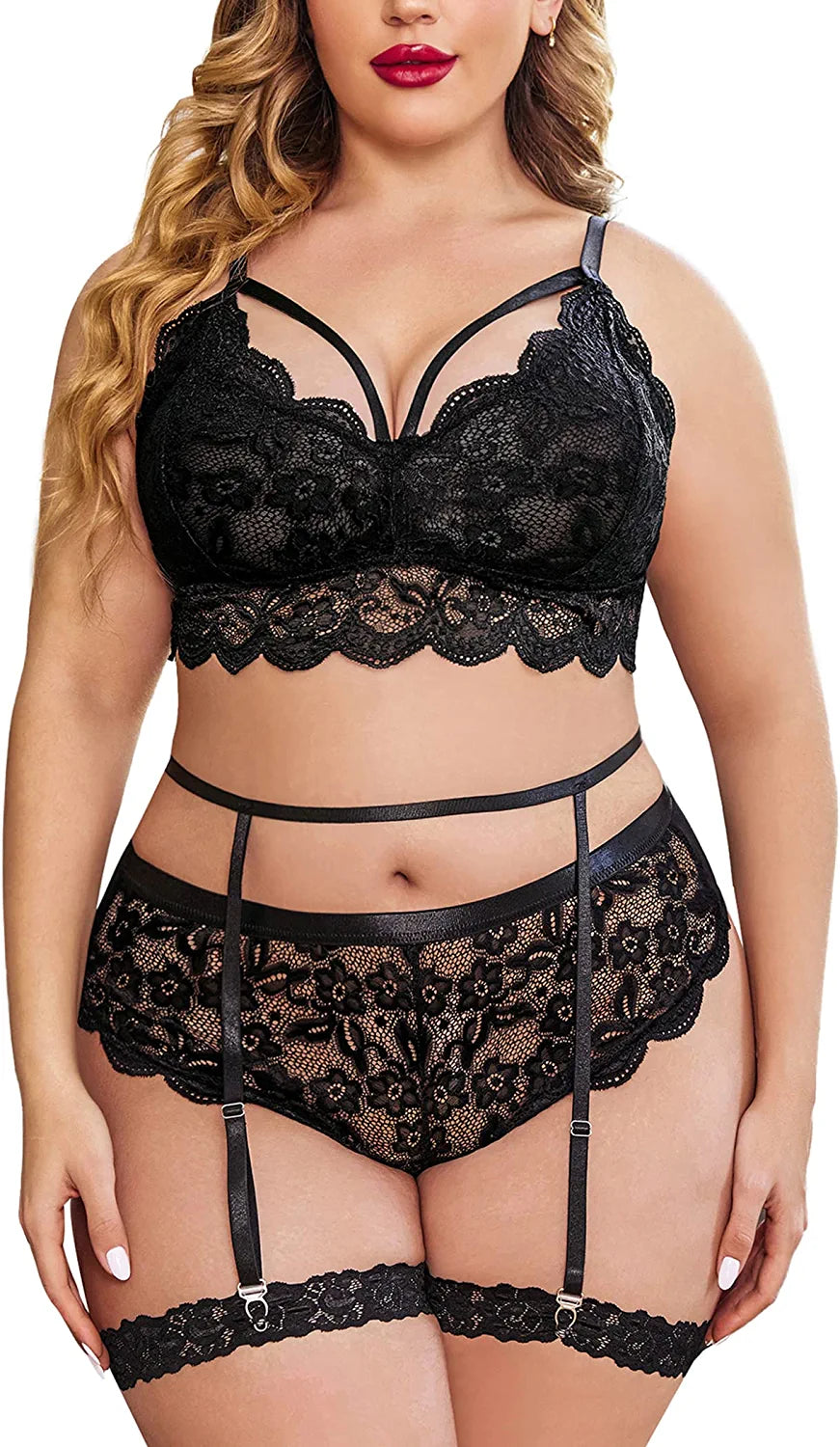 Avidlove Dessous in Übergröße für florale Spitzen-BHs mit Muschelsaum, hohe Taille, Höschen-Set mit Strumpfband