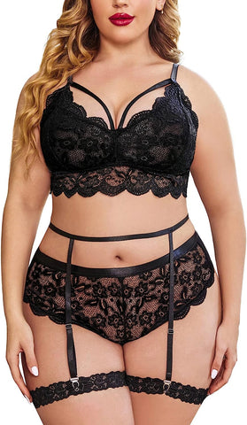 Conjunto de lencería de talla grande Avidlove para sujetador y bragas Conjunto de lencería con liga 