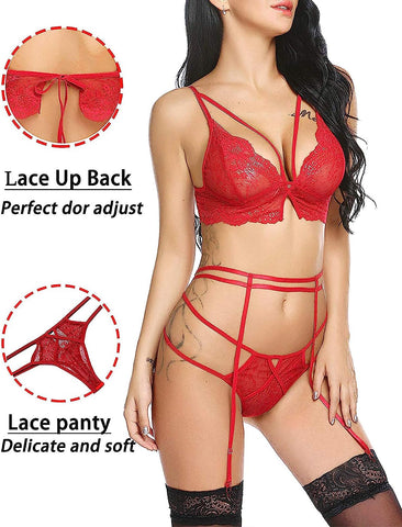 Avidlove Strumpfband-Dessous-Set, Wimpernspitze, Riemchen-BH und Höschen, 3-teiliges Boudoir-Outfit 