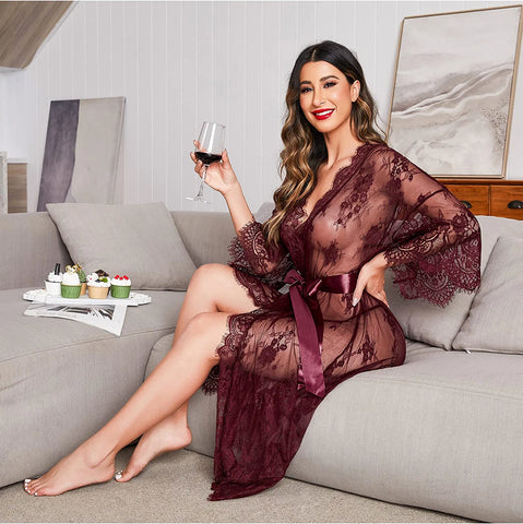 Avidlove Long Lace Lingerie Kimono Robe Sheer Babydoll Nightgown Nightdress