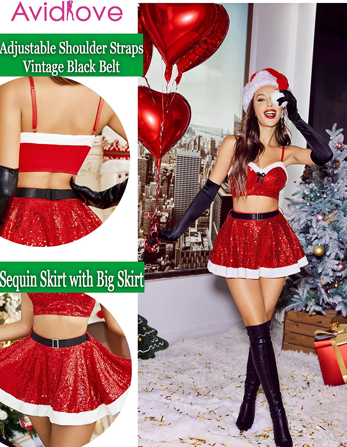 Avidlove Weihnachts-Dessous-Set, Weihnachtsmann-Dessous, Pailletten-Kostüm, Nachtwäsche 