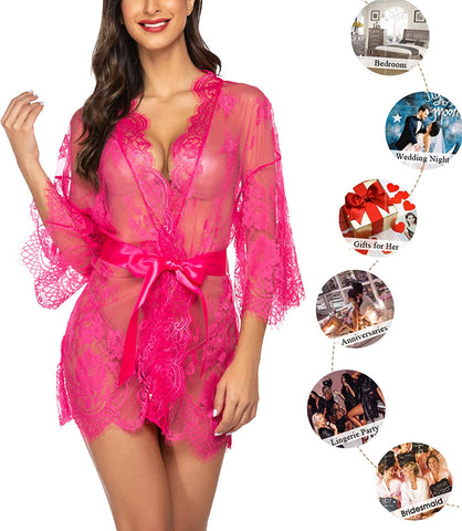 Avidlove Spitzen-Kimono-Bademantel, Babydoll, Dessous, Netz-Nachthemd, S-5XL 