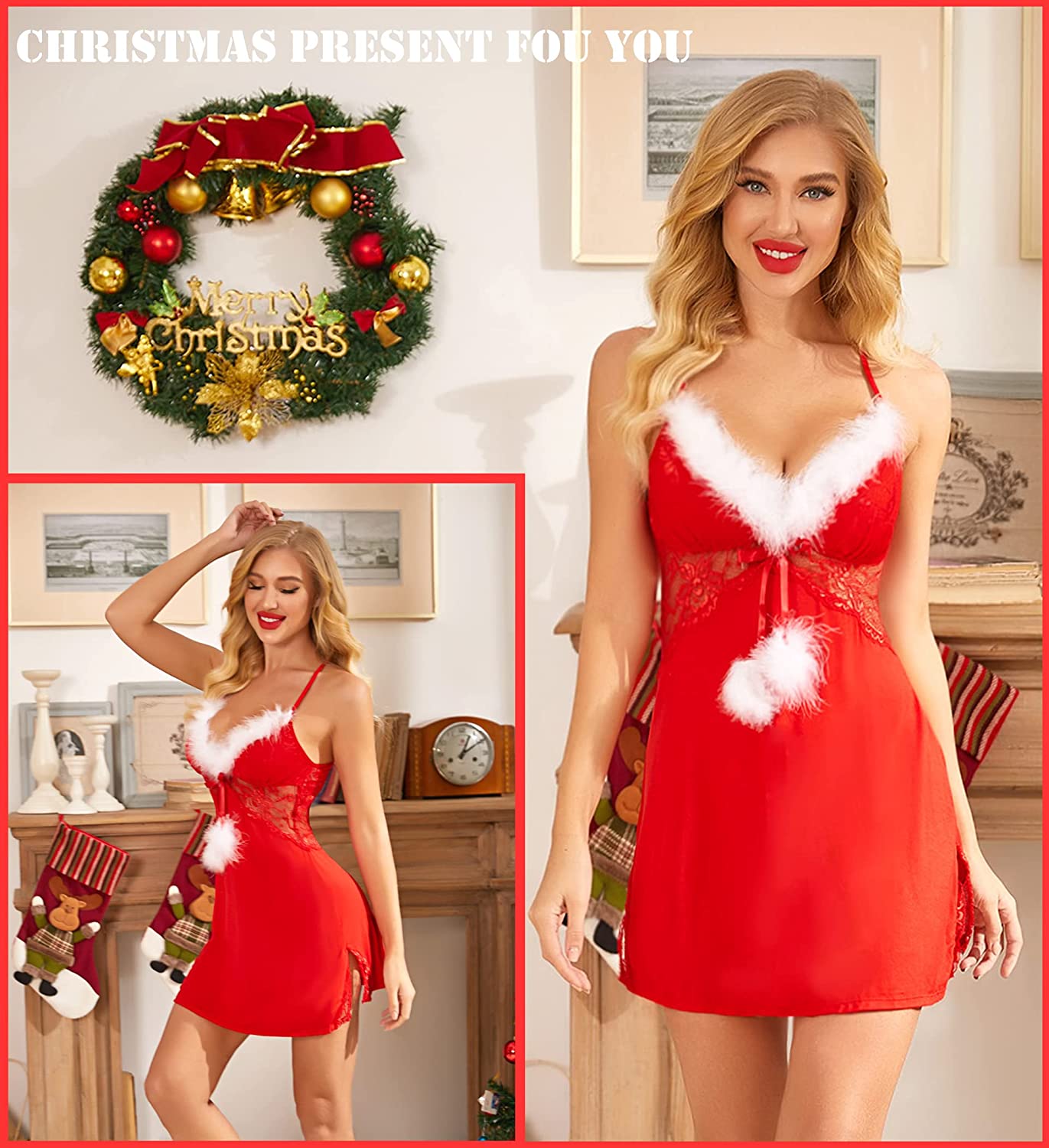 Avidlove Lace Modal Christmas Sleepwear Chemises V-Neck Full Slip Babydoll Nightgown