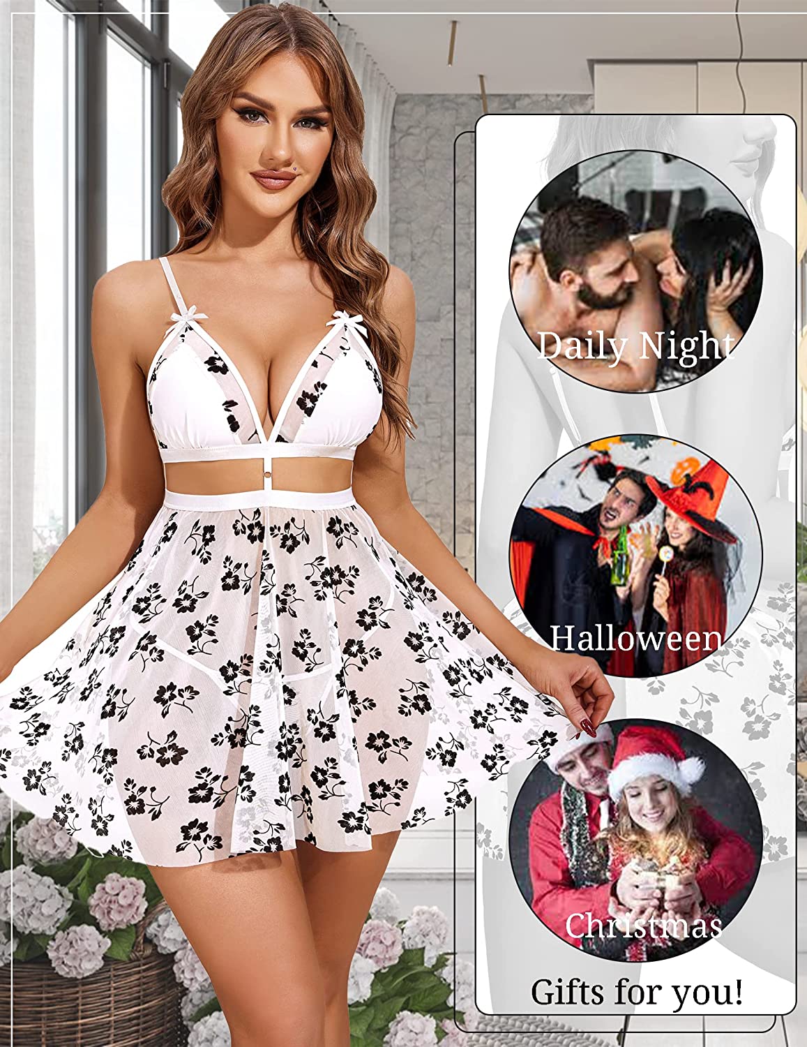 Avidlove Nachthemd für Spitzen-Babydoll mit Trägern, Chemise, V-Ausschnitt, Teddy, offener Rücken, Dessous 