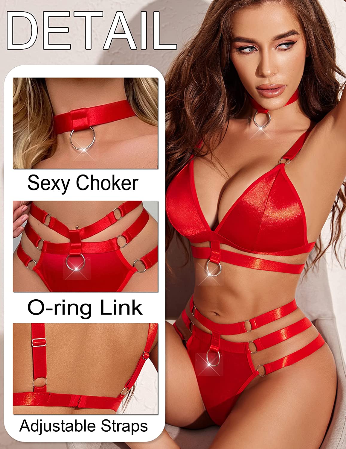 Avidlove Dessous-Set für O-Ring-verbundene, ausgeschnittene Choker-BHs und Höschen-Set, Bondage-Dessous, 3-teilig 