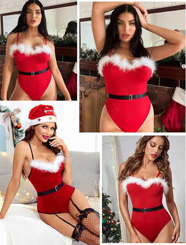 Avidlove Weihnachts-Dessous für Samt-Teddy-Bodys, Babydolls, Chemise-Set mit Strumpfhaltern 