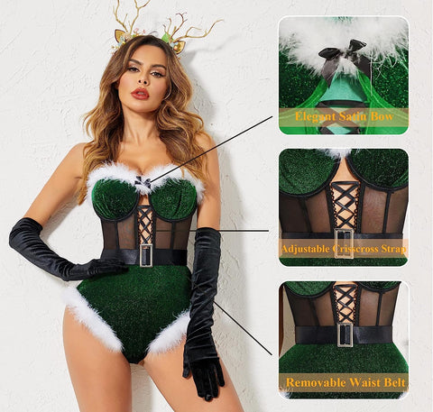 Avidlove Dessous für Bodysuit mit Druckknopfverschluss im Schritt, Weihnachtsmannkostüme, tiefer V-Ausschnitt, Boudior-Outfits mit Bügel und Gürtel 