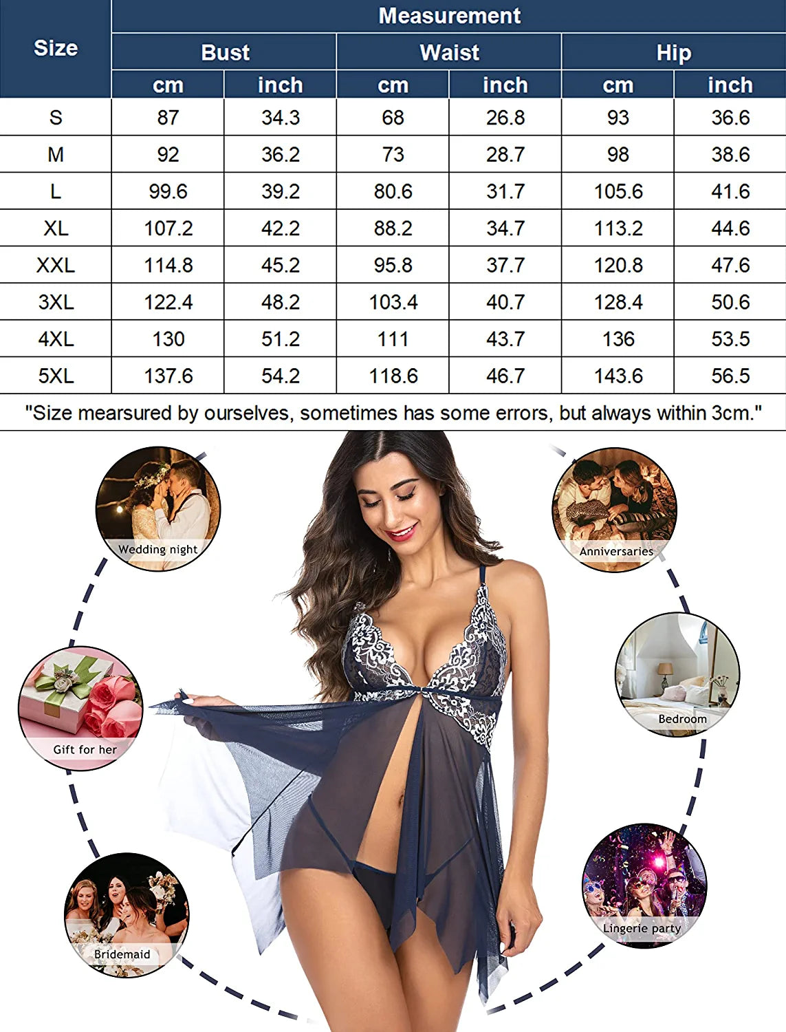 Avidlove Spitzen-Dessous, Frontverschluss, Babydoll, V-Ausschnitt, Nachtwäsche, Chemise, Nachthemd