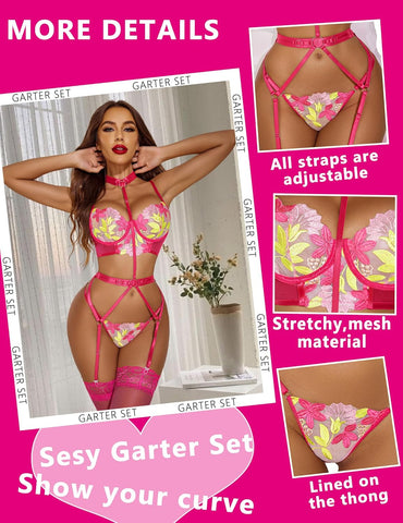 Avidlove Lingerie für bestickte Spitzen-Bügel-Riemchen-BH und Höschen-Set mit abnehmbarem Strumpfband 