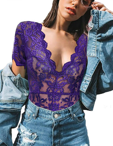 Avidlove Teddy Lingerie for Lace Babydoll Floral Lace Scallop Trim Teddy Bodysuit