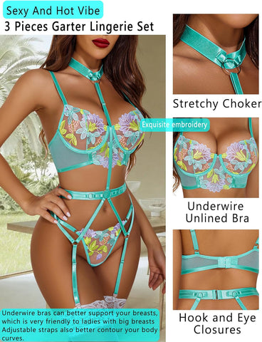 Avidlove Lingerie für bestickte Spitzen-Bügel-Riemchen-BH und Höschen-Set mit abnehmbarem Strumpfband 