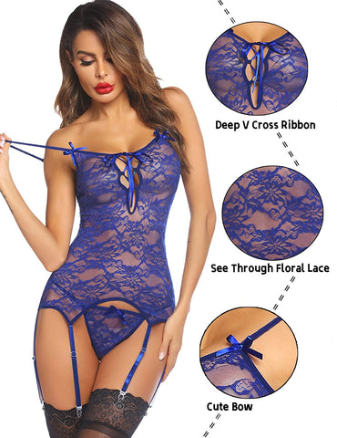 Conjunto de lencería babydoll con encaje y liguero de Avidlove 