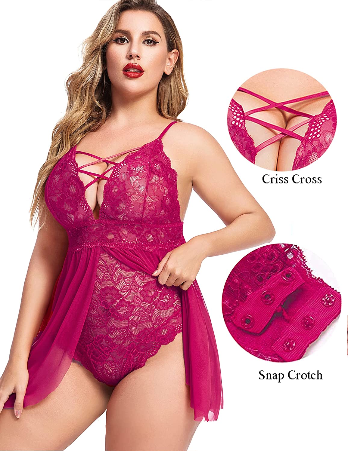 Avidlove - Babydoll de talla grande con entrepierna a presión, lencería con escote en V y encaje, ropa de dormir de talla grande (L-4XL)