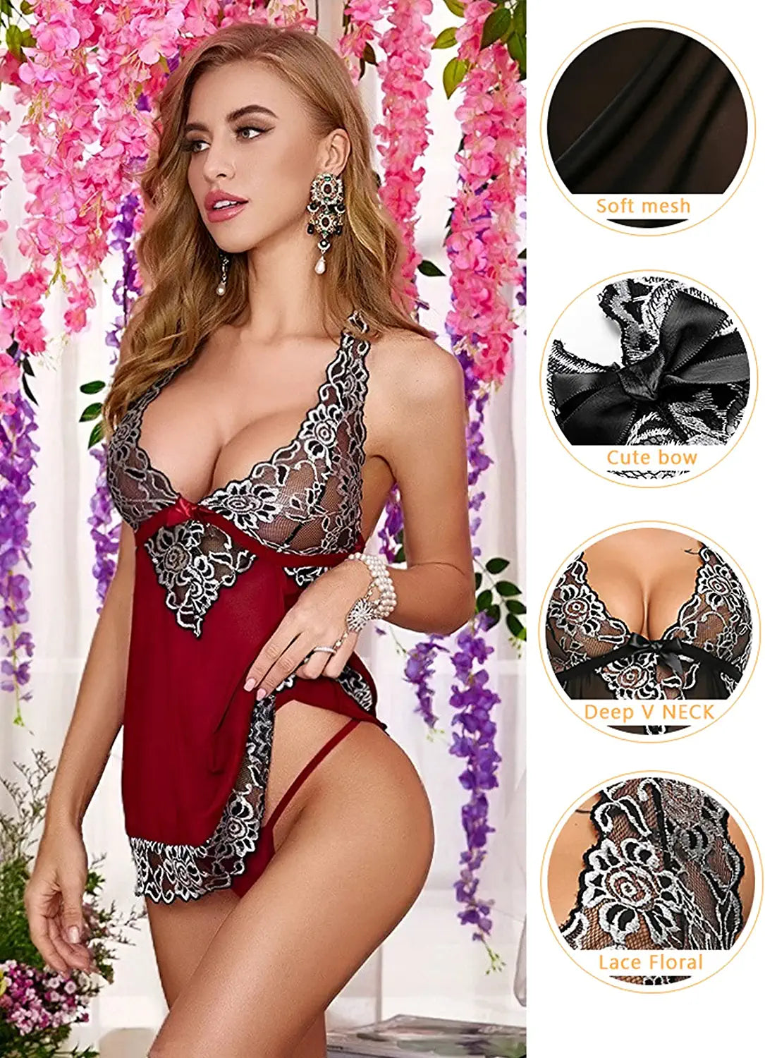 Avidlove V-Neck Lingerie Lace Babydoll Mesh Chemise Nightwear Outfits S-4XL