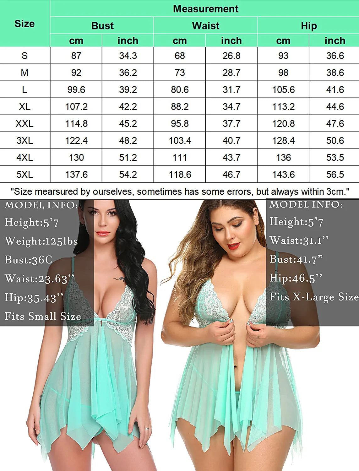 Avidlove Spitzen-Dessous, Frontverschluss, Babydoll, V-Ausschnitt, Nachtwäsche, Chemise, Nachthemd