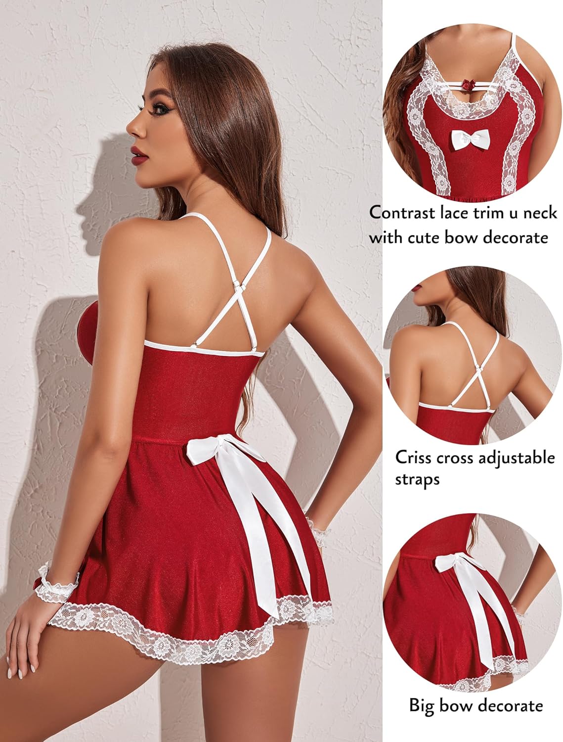 Avidlove Dienstmädchen-Kostüm, Cosplay-Dessous-Set, Netzstoff, Chemise, Babydoll, Spitze, Rollenspiel-Outfit, 4-teiliges Riemchen-Nachtwäsche 