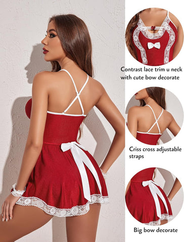 Avidlove Dienstmädchen-Kostüm, Cosplay-Dessous-Set, Netzstoff, Chemise, Babydoll, Spitze, Rollenspiel-Outfit, 4-teiliges Riemchen-Nachtwäsche 