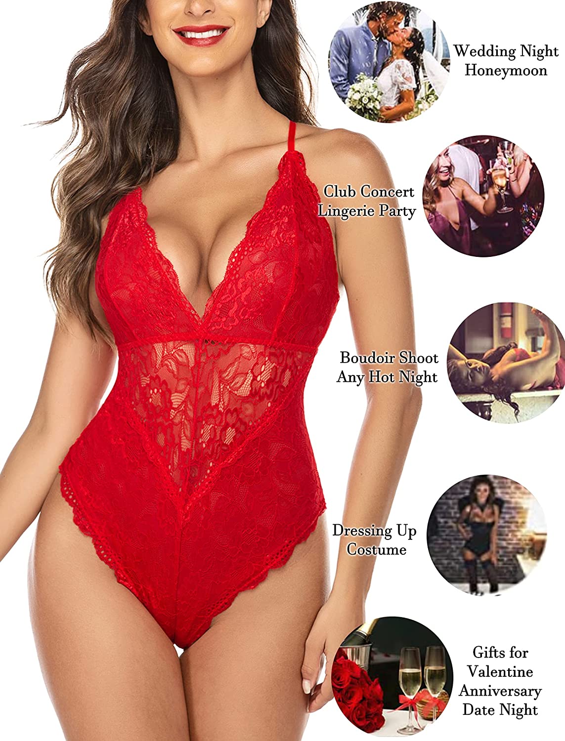 Avidlove Dessous mit Druckknopfverschluss im Schritt, Spitzen-Bodysuit, tiefer V-Ausschnitt, Teddy, einteilig, Spitzen-Babydoll 