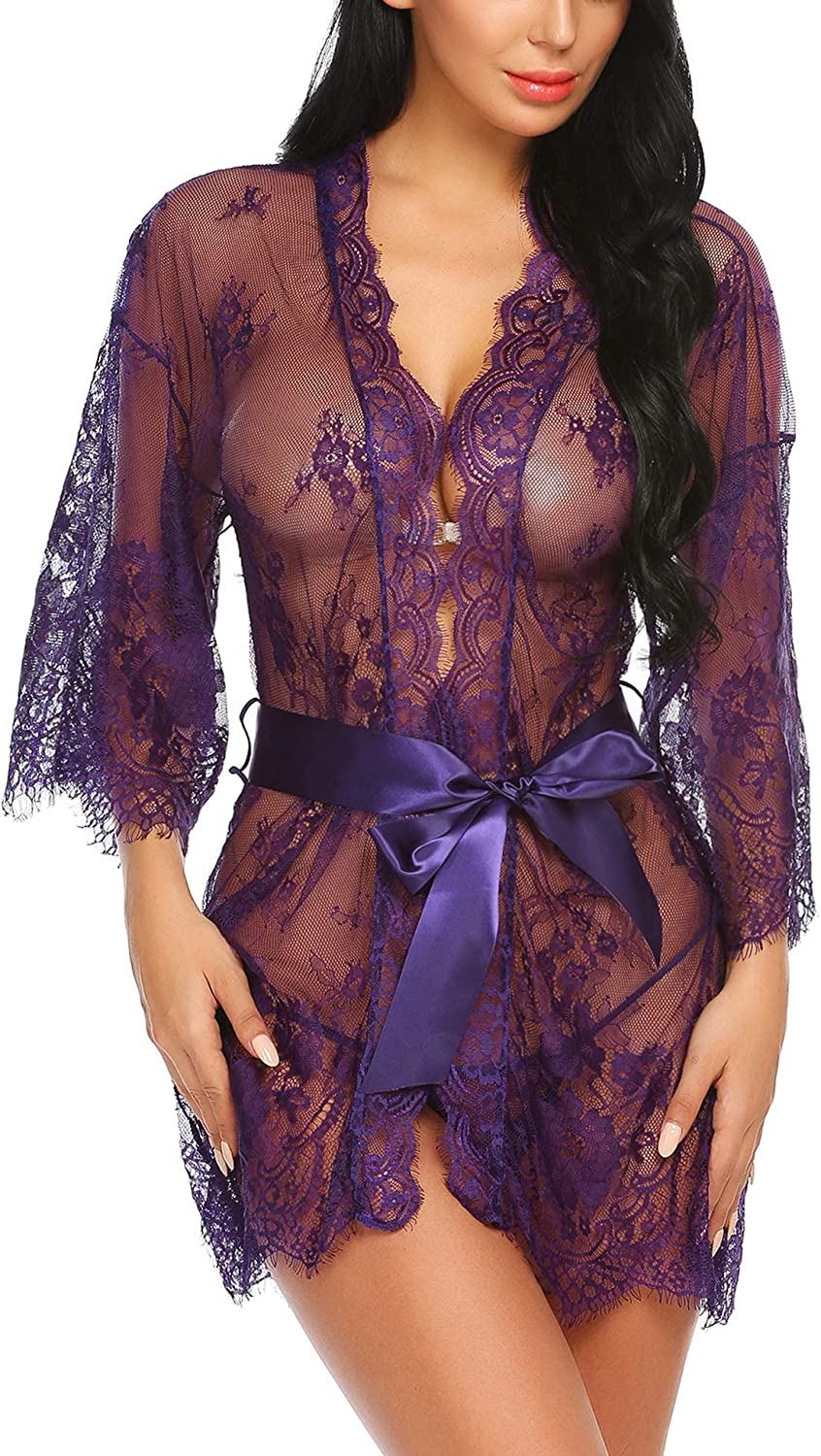 Avidlove Lace Kimono Robe Babydoll Lingerie Mesh Nightgown S-5XL